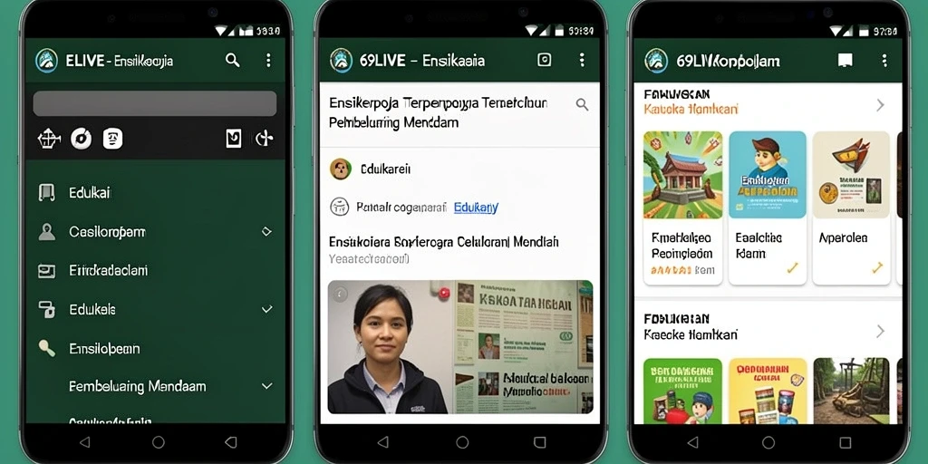Antarmuka aplikasi 69LIVE menampilkan berbagai topik Ensiklopedia.