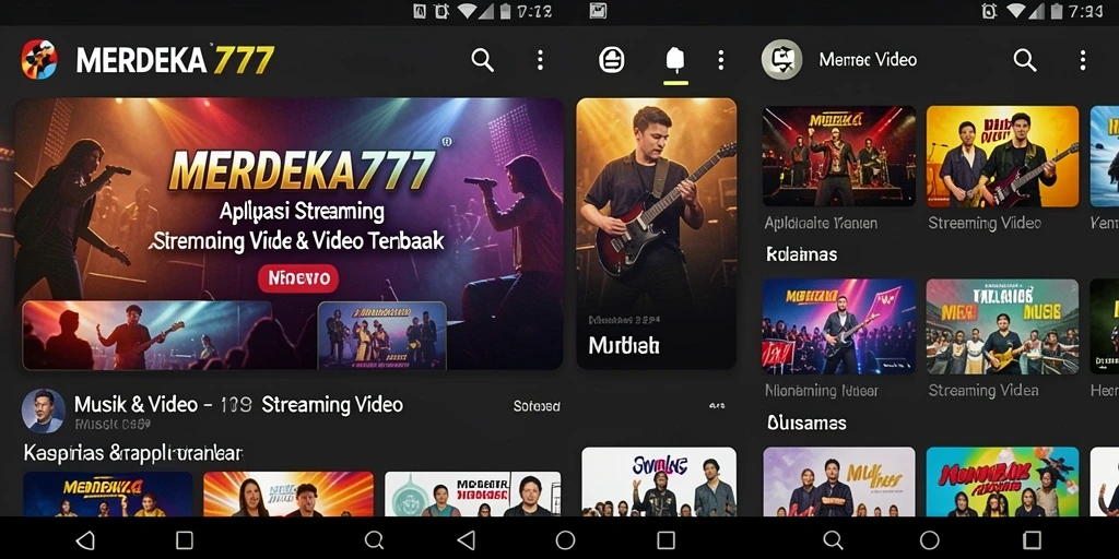 Antarmuka aplikasi MERDEKA777 dengan fitur Streaming Video yang menarik.