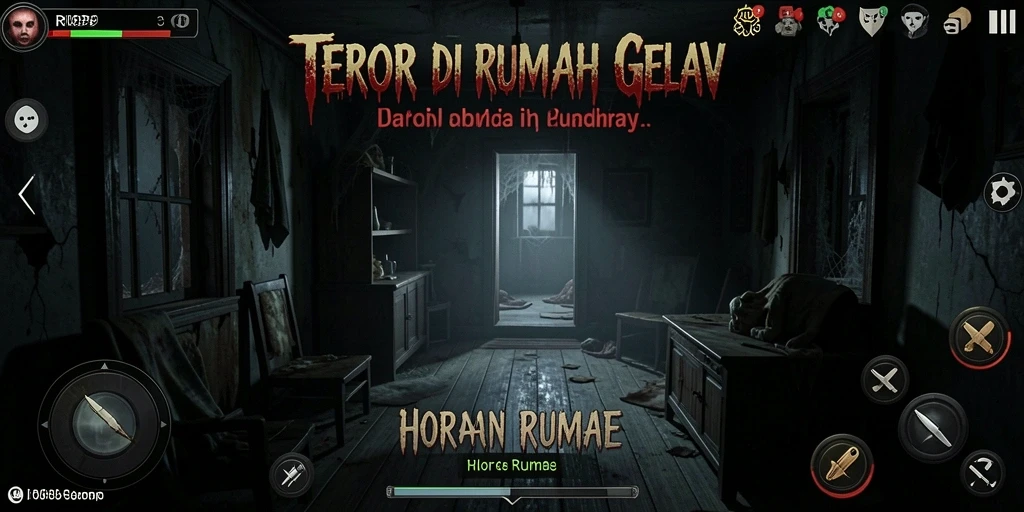 Screenshot antarmuka RI889 menampilkan suasana rumah angker yang mencekam.
